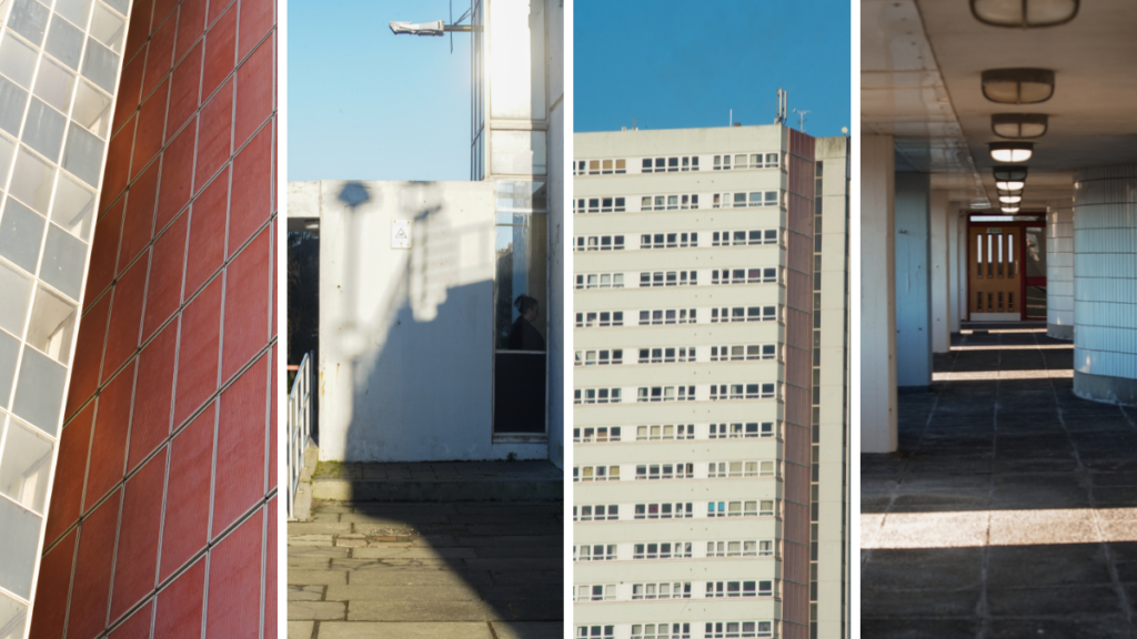 Four images of Anniesland Court in Glasgow, showing the building with a Brutalist design across a mix of angles against a blue sky