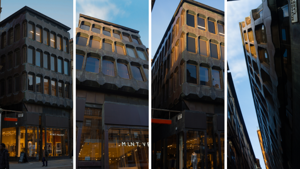 A grid of four images showing the BOAC building in Glasgow's Buchanan Street, A Brutalist building against a blue sky