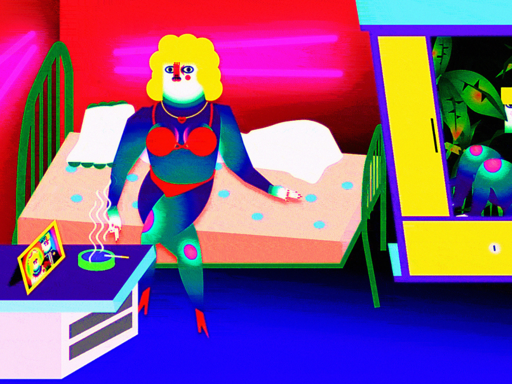 An animated film still populated with vibrant colours. A woman in red underwear sits at the edge of a bed smoking a cigarette. 