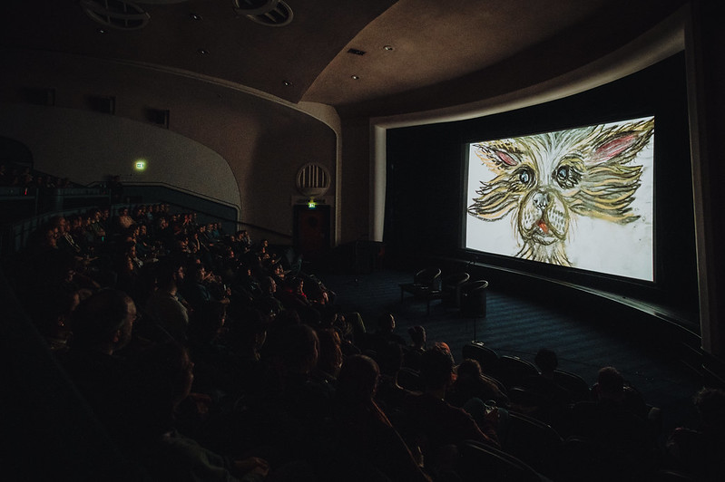 Screen 1 of the Glasgow Film Theatre playing an animation from the HMP Polmont GSFF scheme